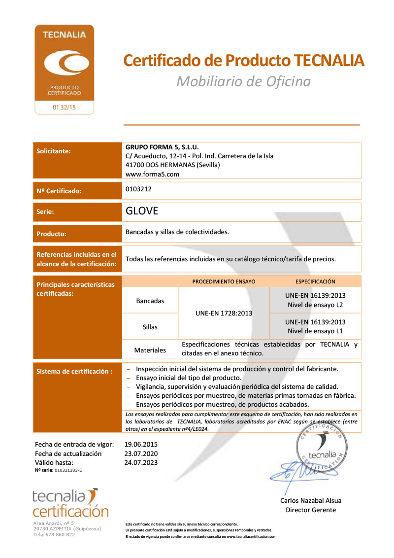 Bancada Glove - Certificado calidad