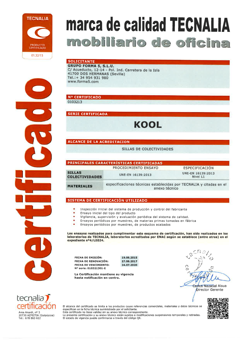 Bancada Kool - Certificado Ensayo Calidad